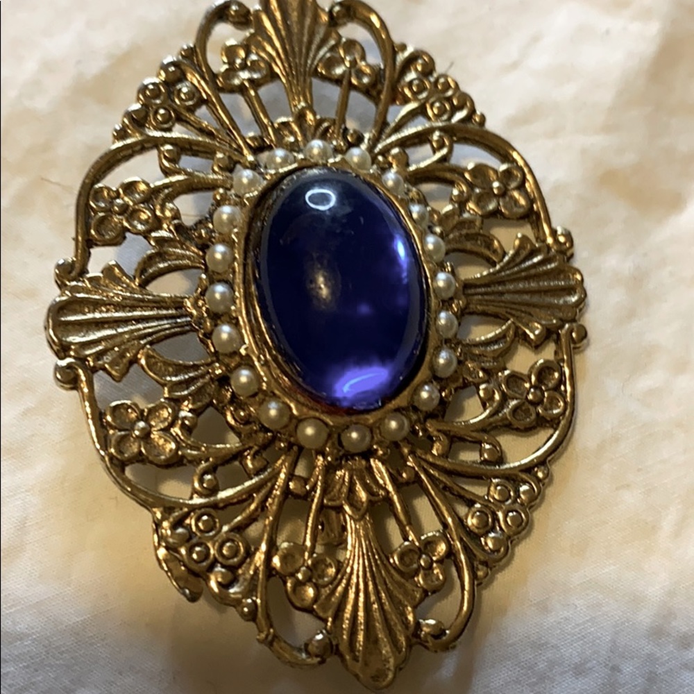 Vintage Gold Tone Blue Pin Brooch